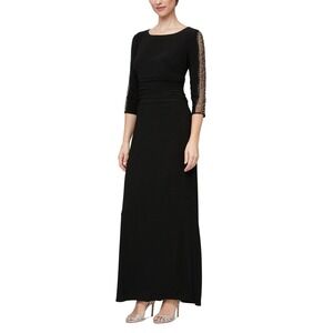 New $139 SL Fashions Ruched Beaded 3/4-Sleeve Gown Dress Women's Size 16P Black